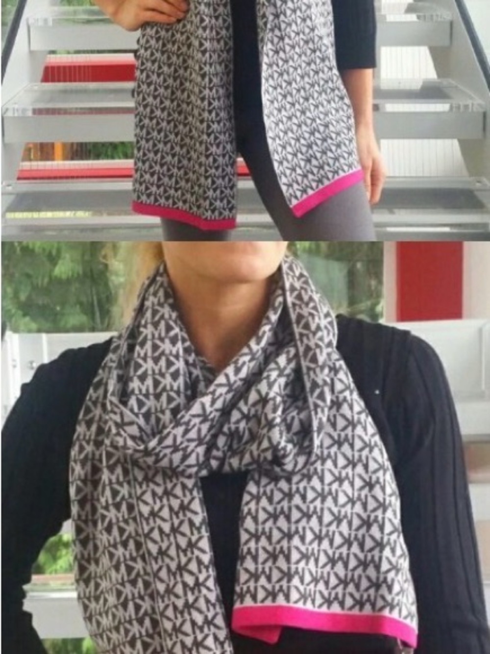 Michael Kors Black & White MK Logo Scarf with Pink Edge